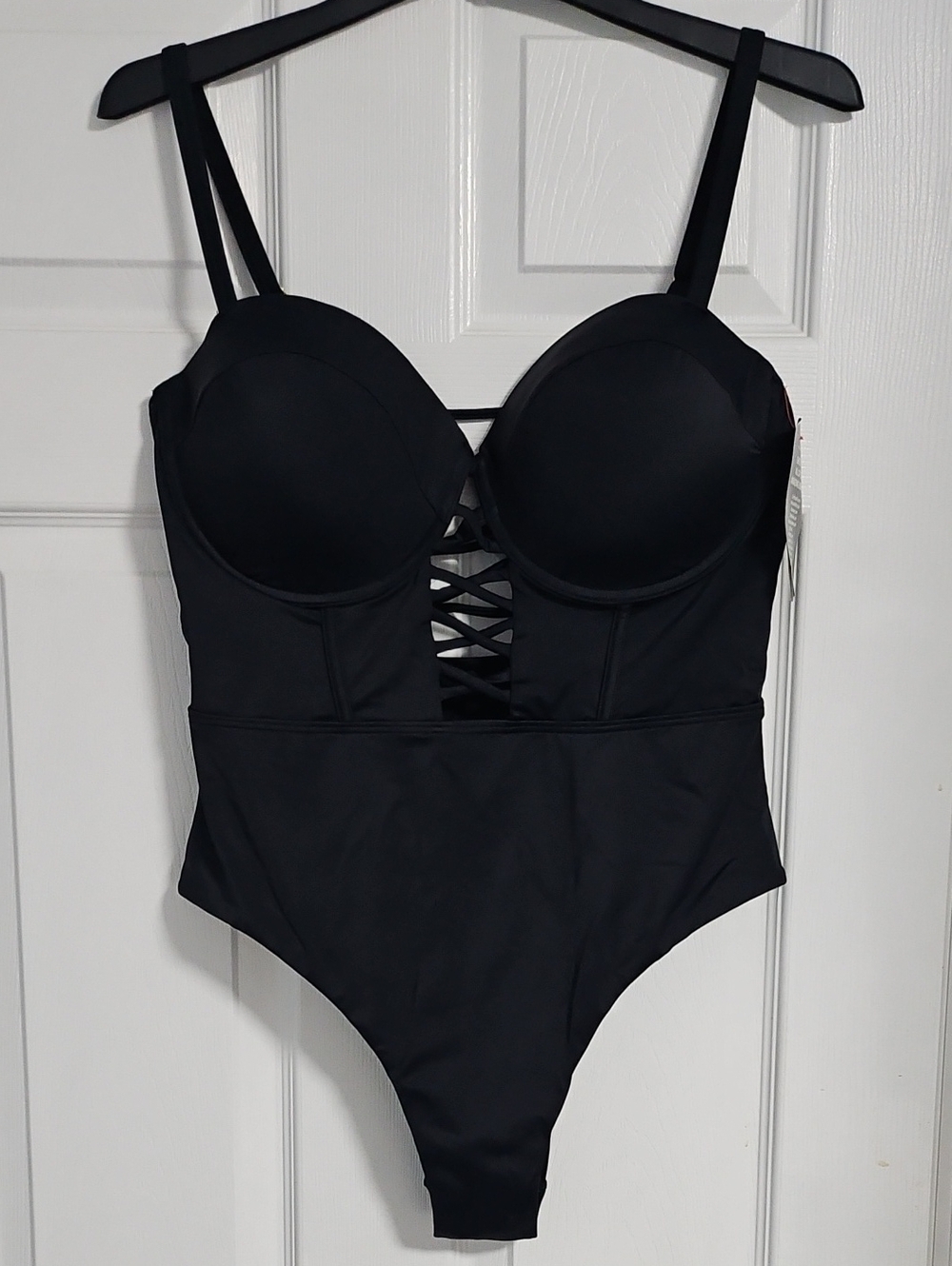 Swimsuits For All Black Lace-Up Bustier One-Piece Swim